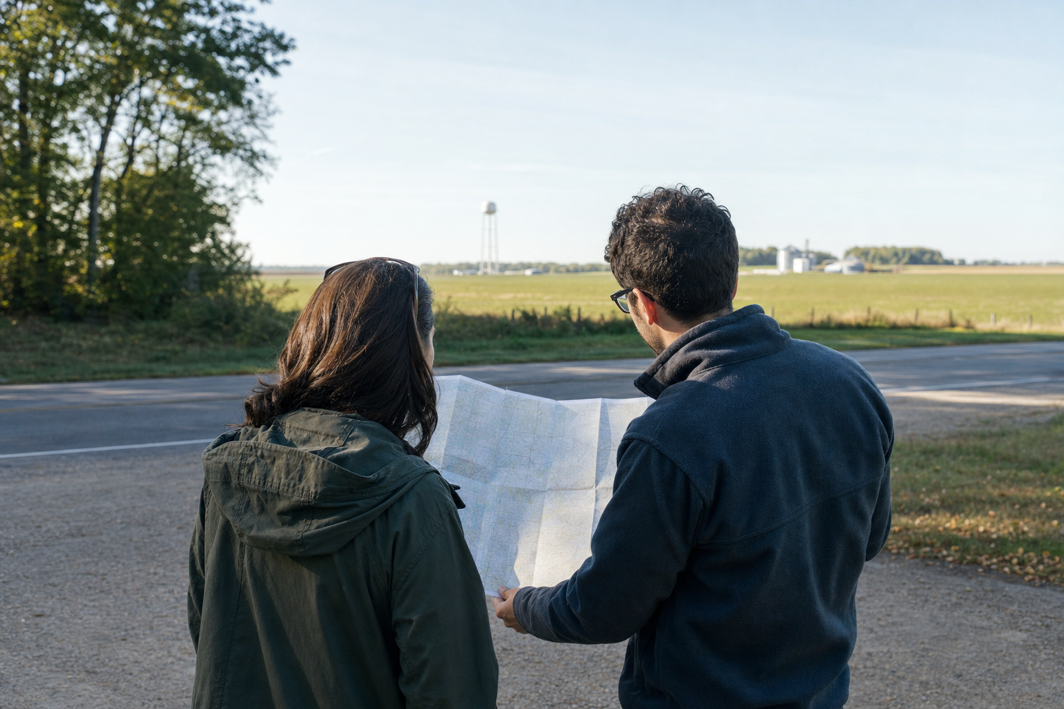 Two adults study a folded map beside a central Minnesota farm and oak woodland