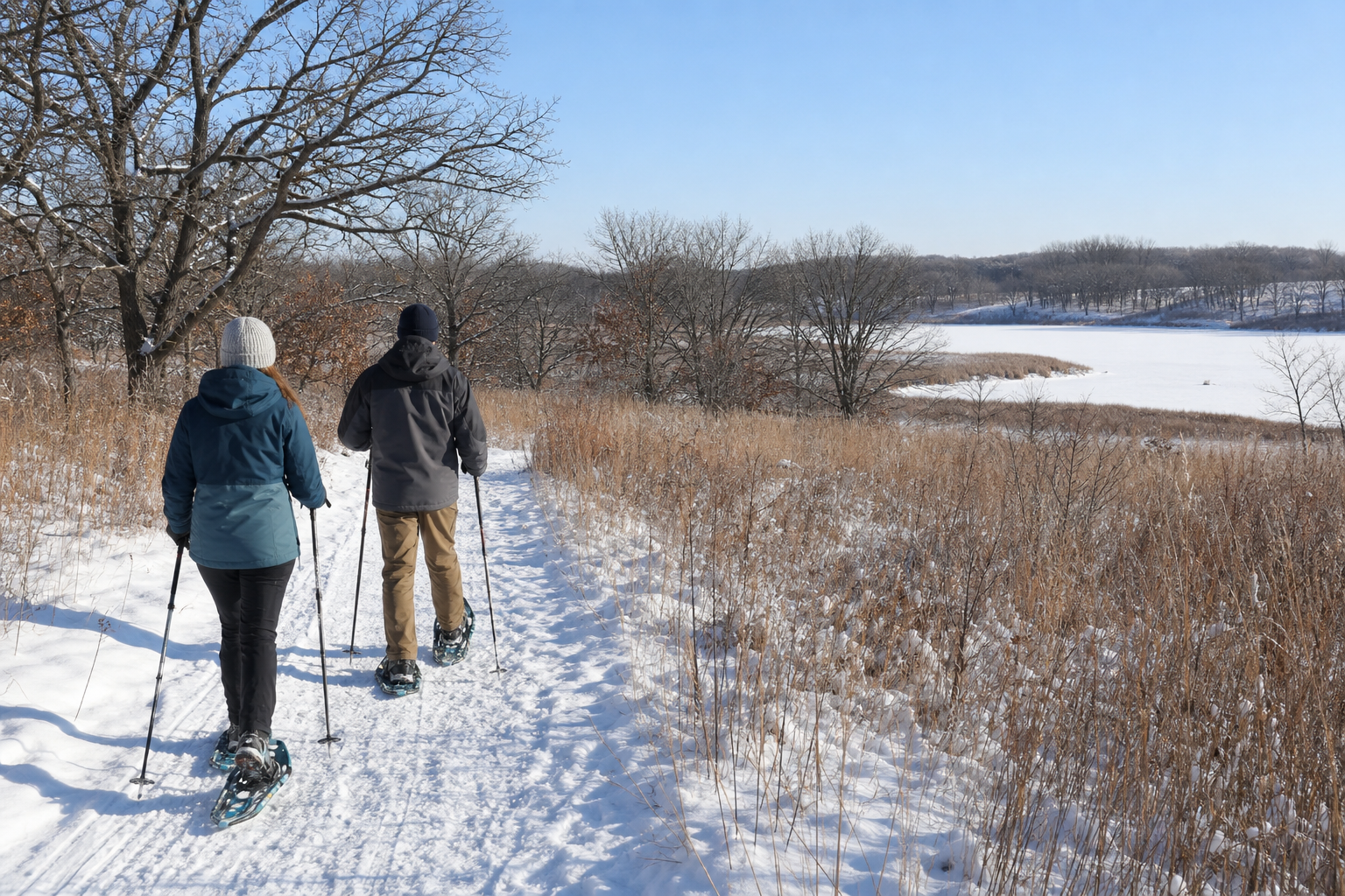 Two adults snowshoe on an oak-prairie land trail with a frozen wetland in the distance