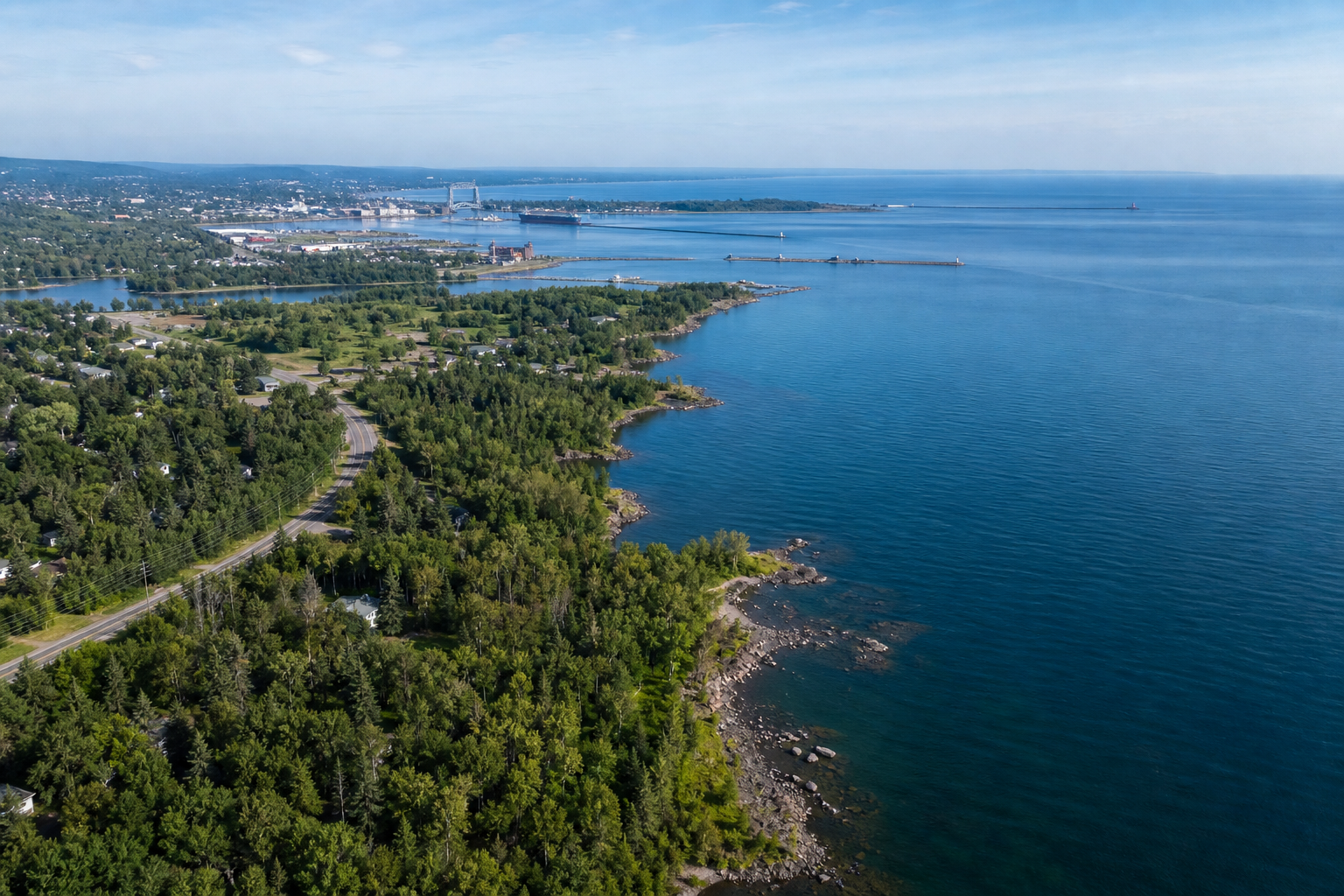Vista aérea de la costa arbolada de Duluth, el puerto y el lago Superior