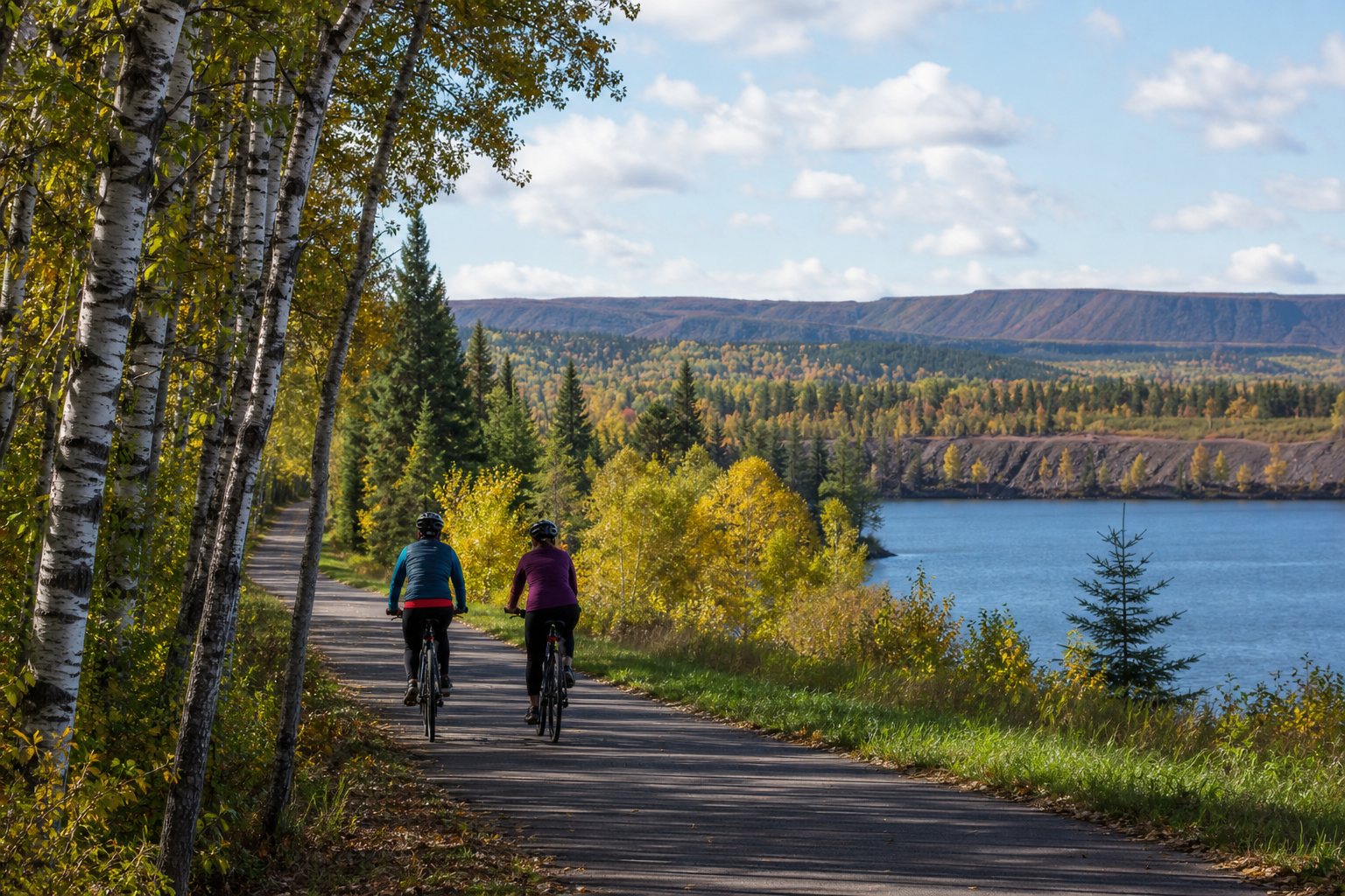 Dos ciclistas con casco recorren una vía forestal junto a un lago minero