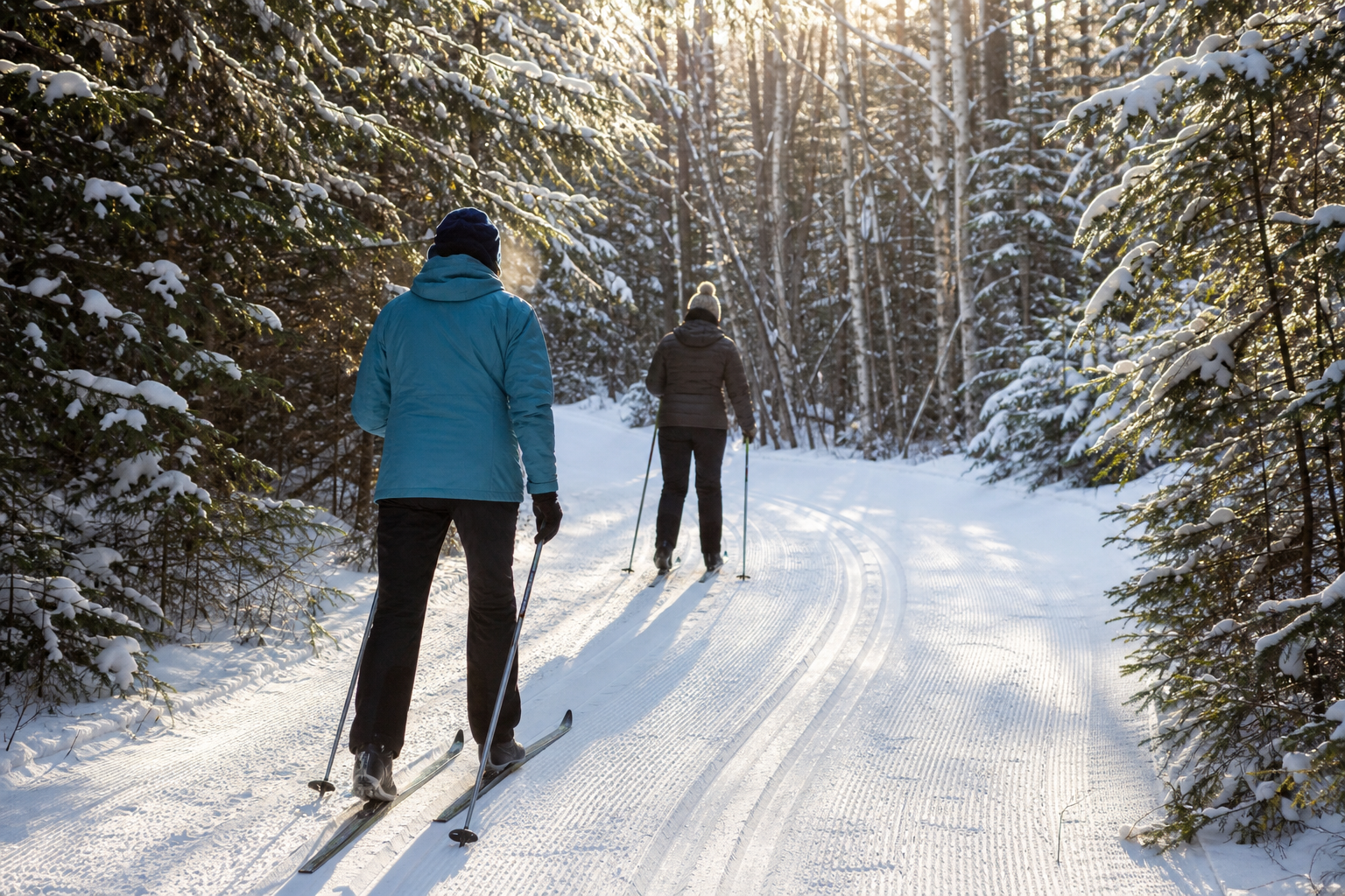 Dos adultos esquían por una pista entre abetos y abedules nevados