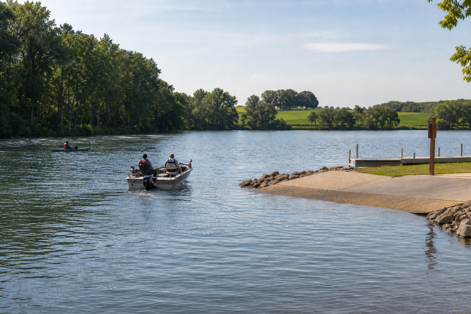 A small fishing boat and a paddler approach a maintained central Minnesota lake launch
