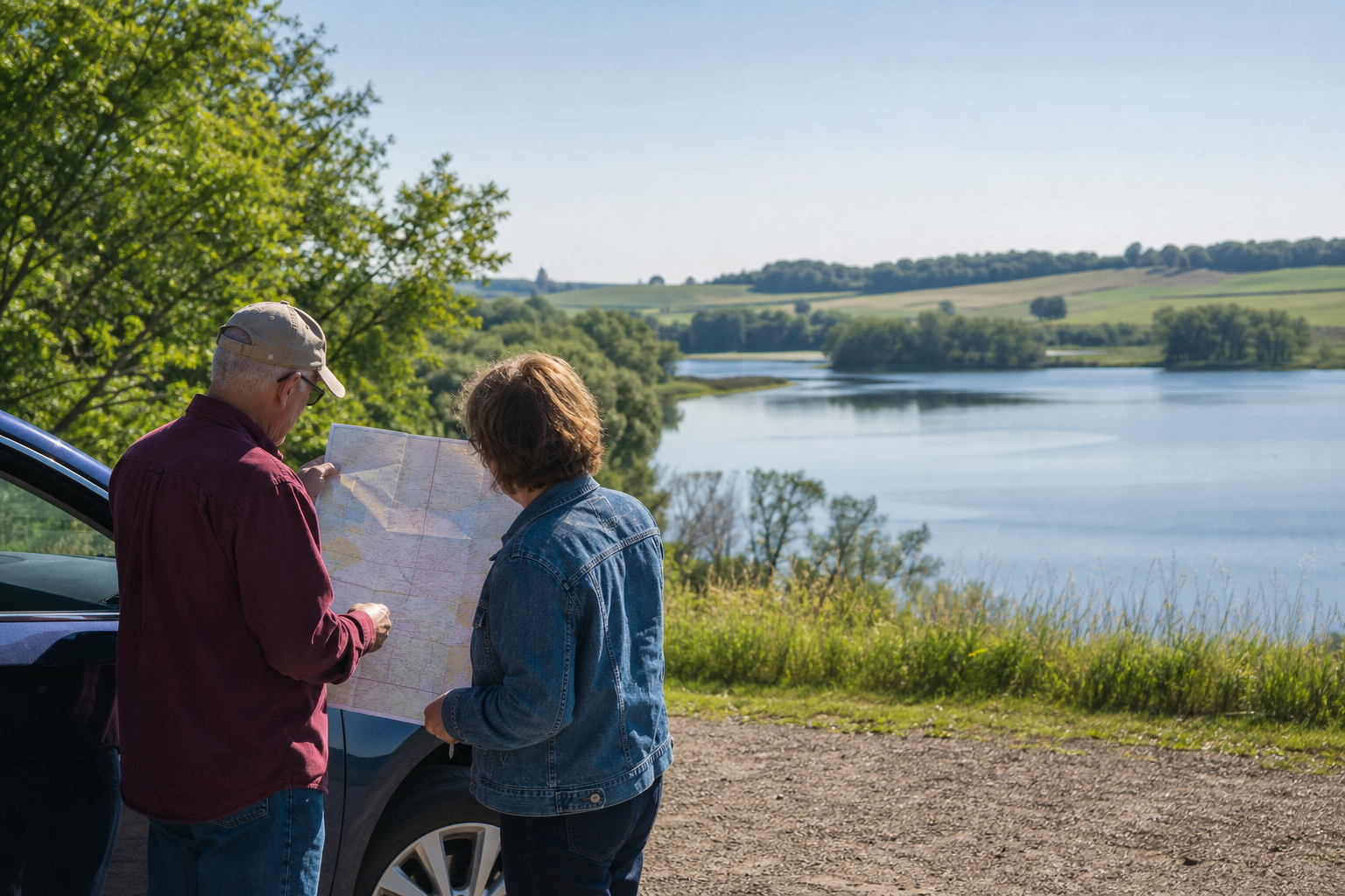Two adults study a folded map beside rolling farmland and a central Minnesota lake