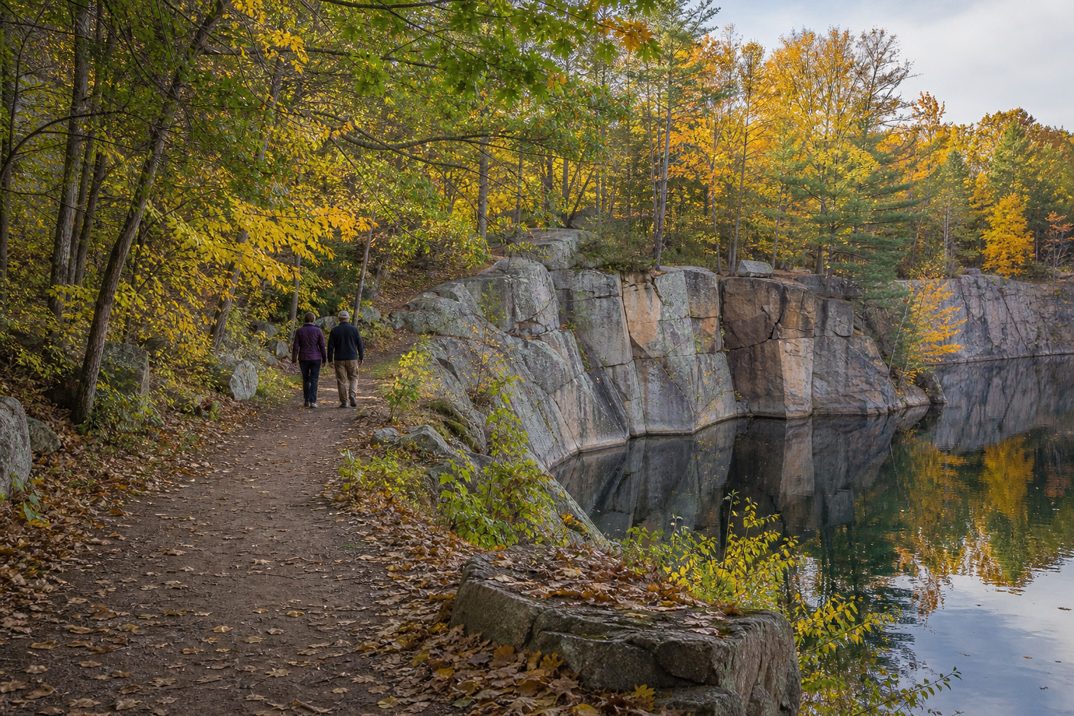 Two adults walk a woodland path beside exposed granite and a still water-filled quarry
