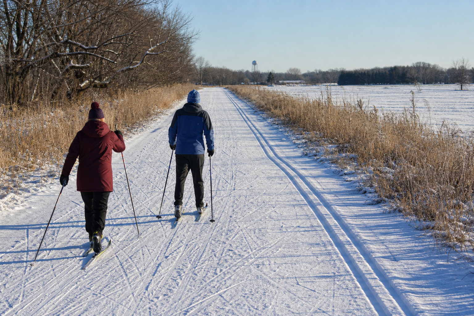 Two adults ski on a snow-covered land trail through central Minnesota farm country