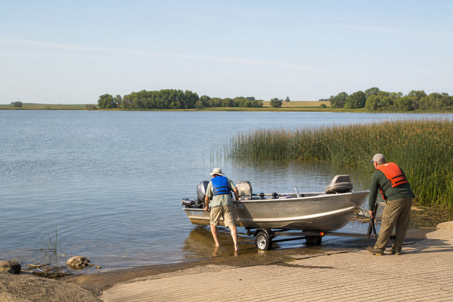 Two adults in life jackets launch a small boat on a Stevens County prairie lake