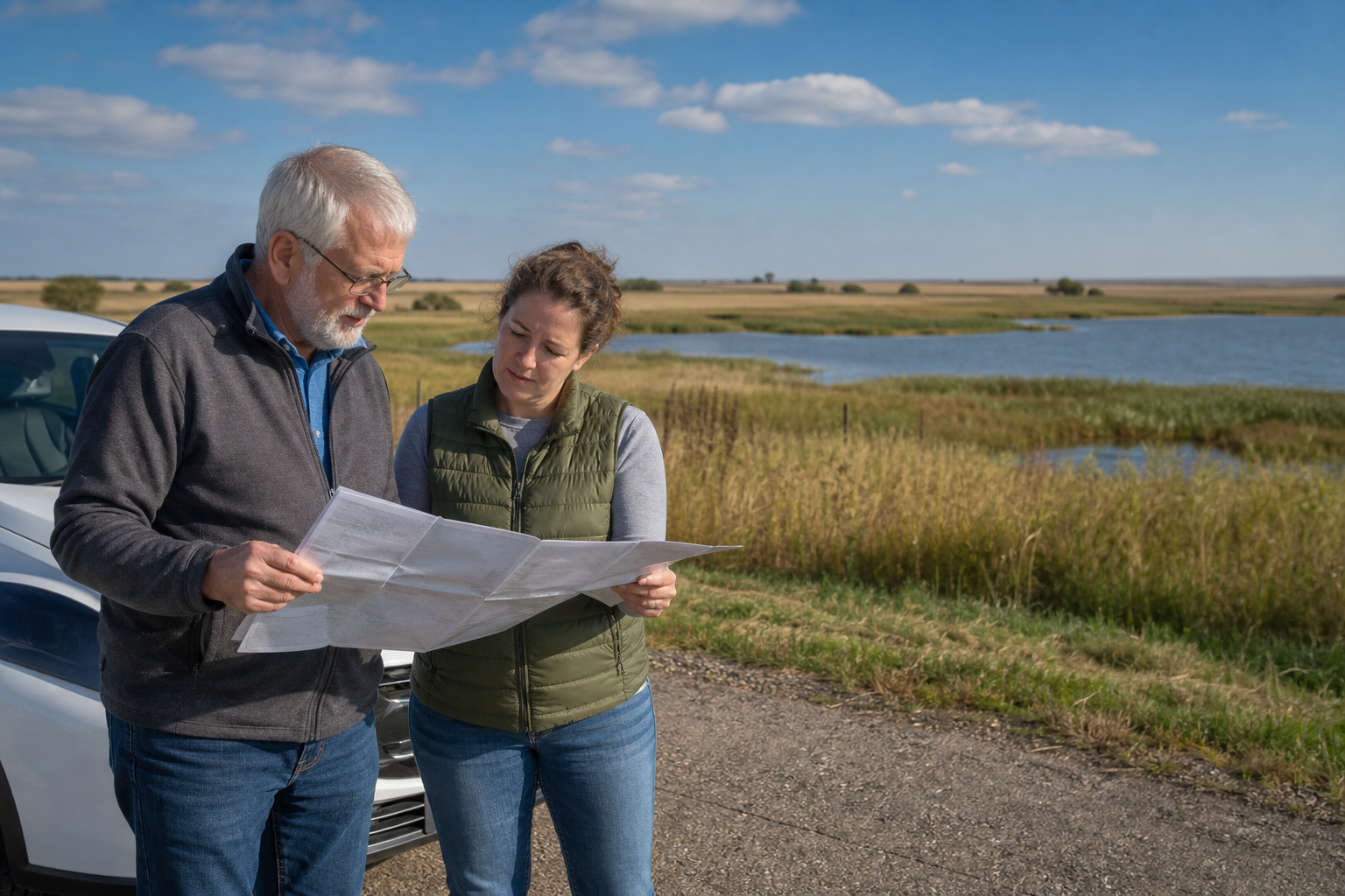 Two adults study a folded map beside a prairie wetland in Stevens County