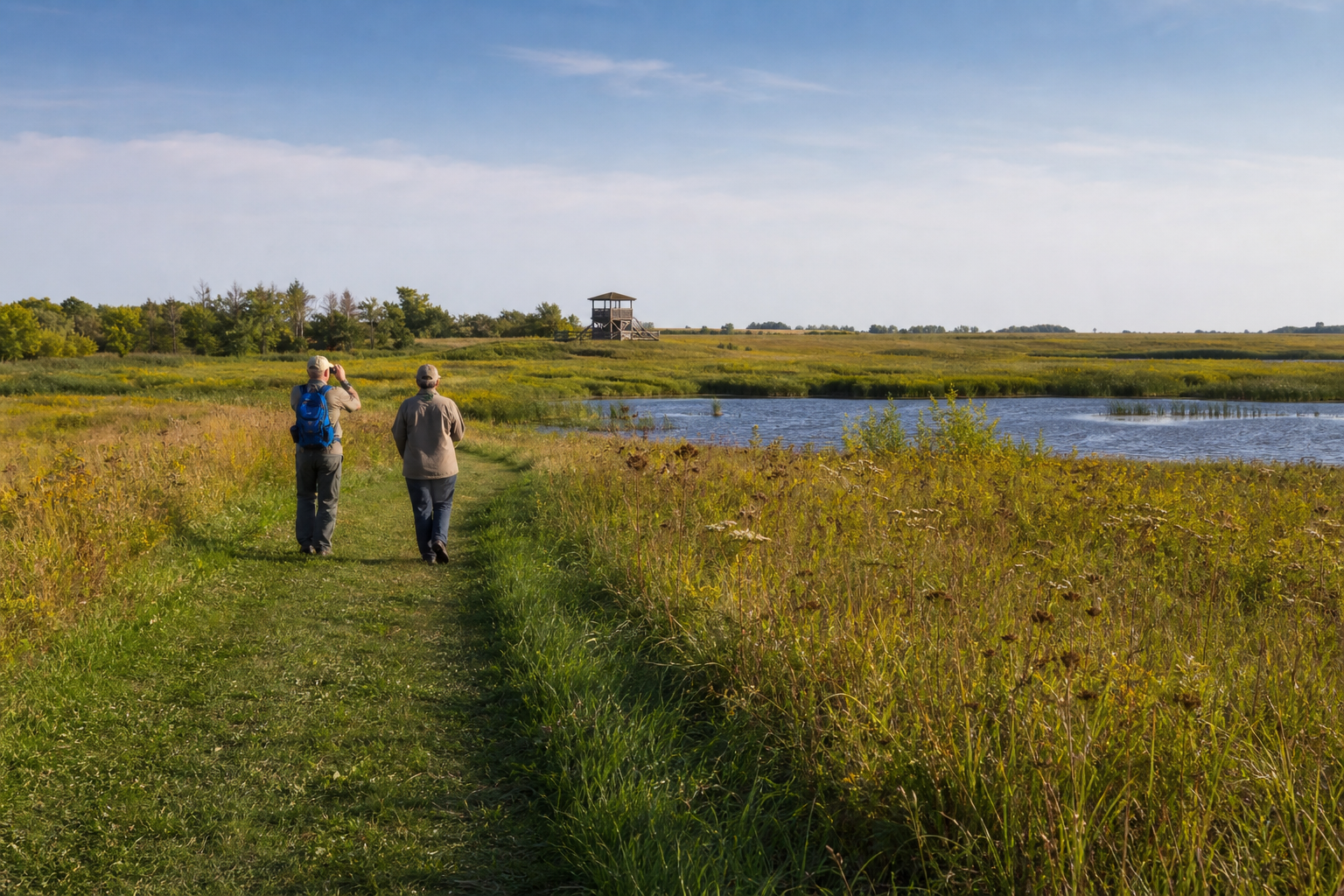 Two adults birdwatch along a prairie wetland trail in Stevens County