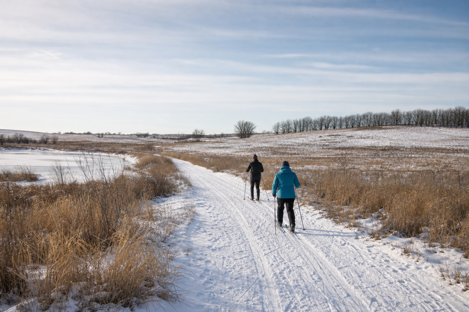 Two adults ski on a snow-covered land trail through Stevens County prairie