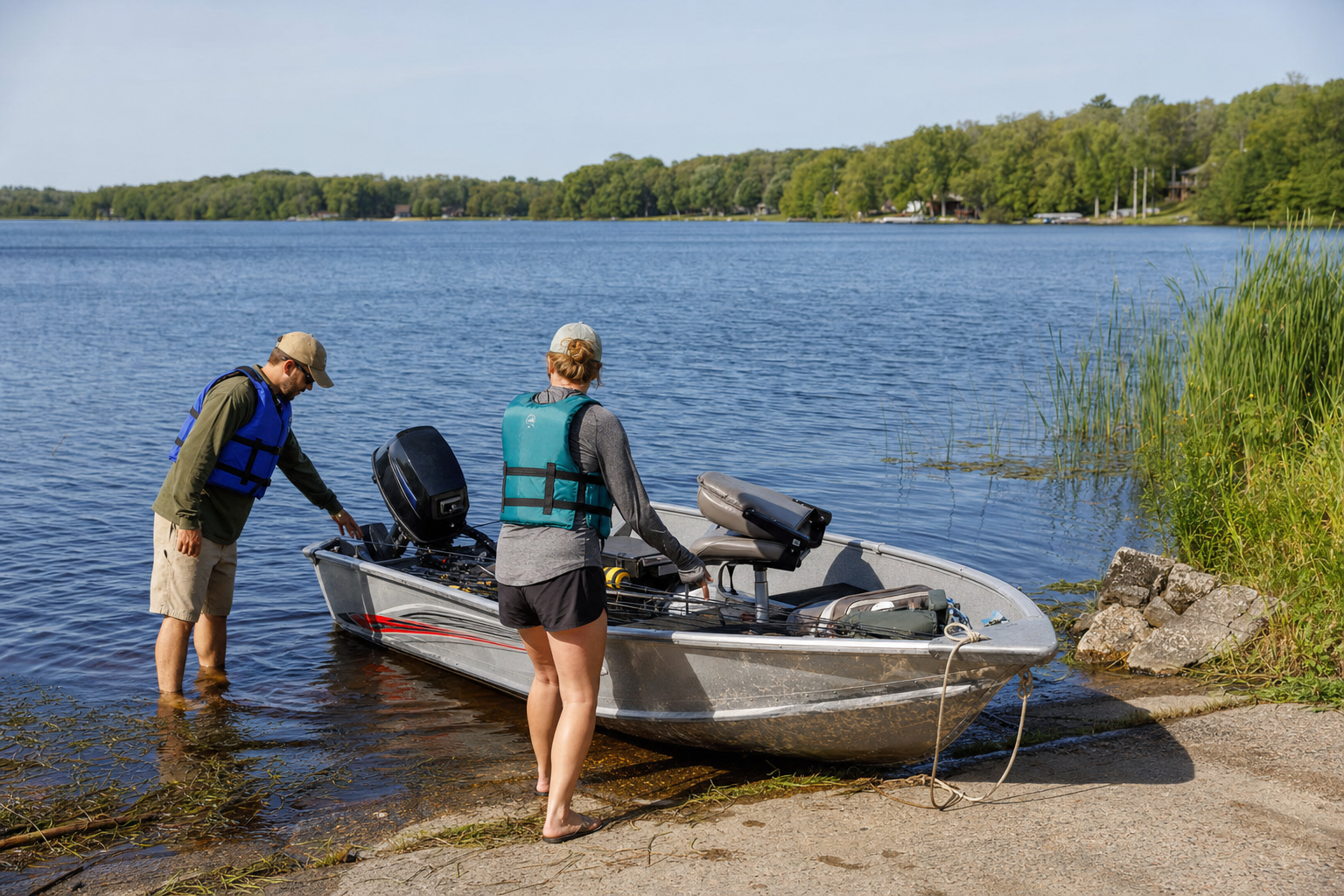 Two adults in life jackets prepare a small boat at a Todd County lake launch