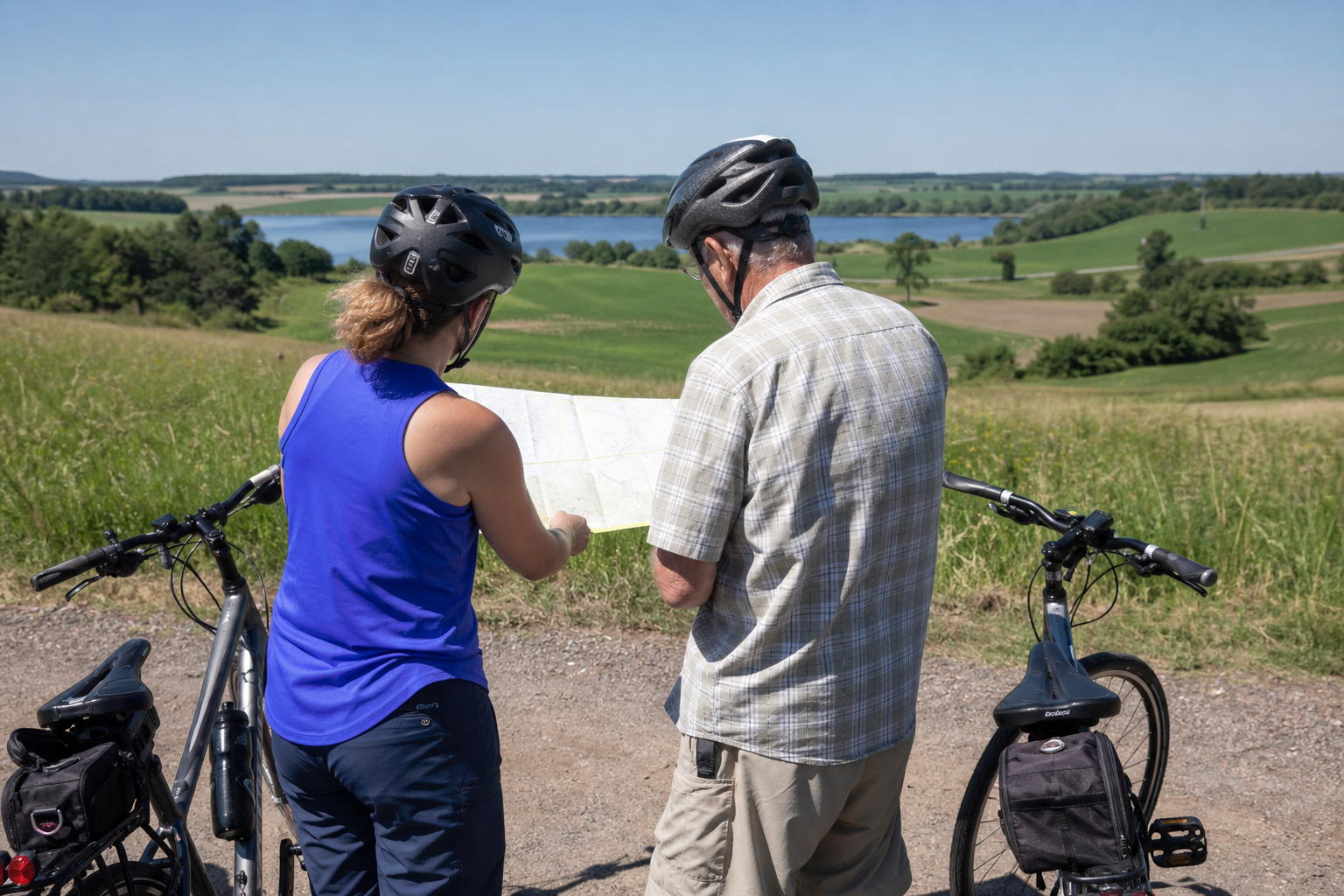 Two cyclists study a folded map above rolling fields and a lake in Todd County