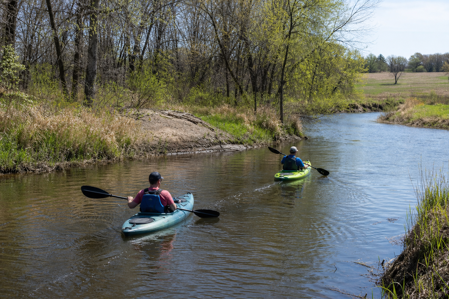 Two adults paddle kayaks on a gently winding Todd County river