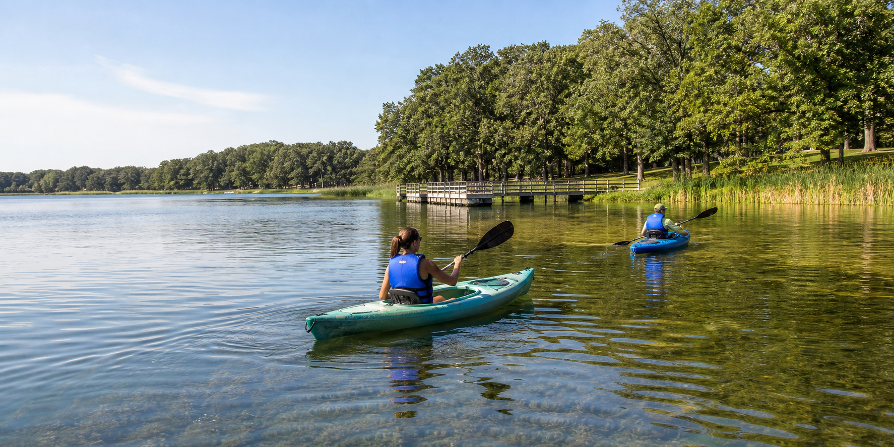 Two life-jacketed paddlers cross clear water near an oak-lined county-park fishing pier
