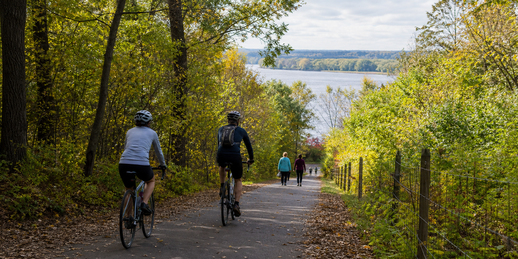 Helmeted cyclists and walkers share a paved hardwood trail descending toward a broad river