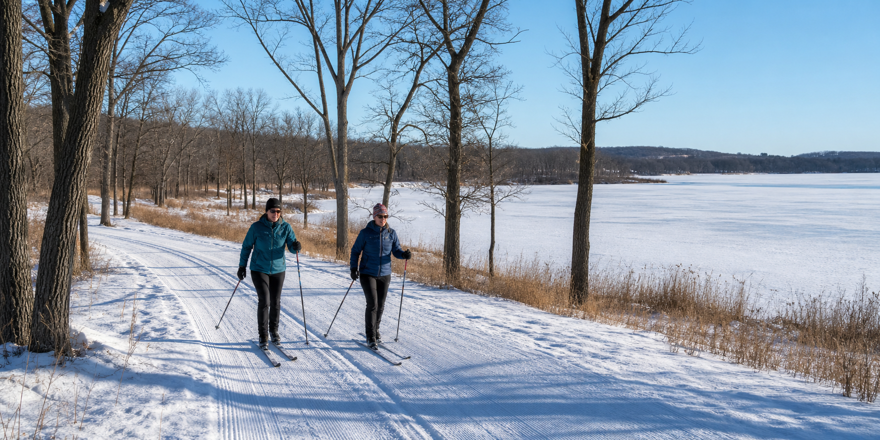 Two adults cross-country ski on a groomed land trail beside oak woods and a frozen lake
