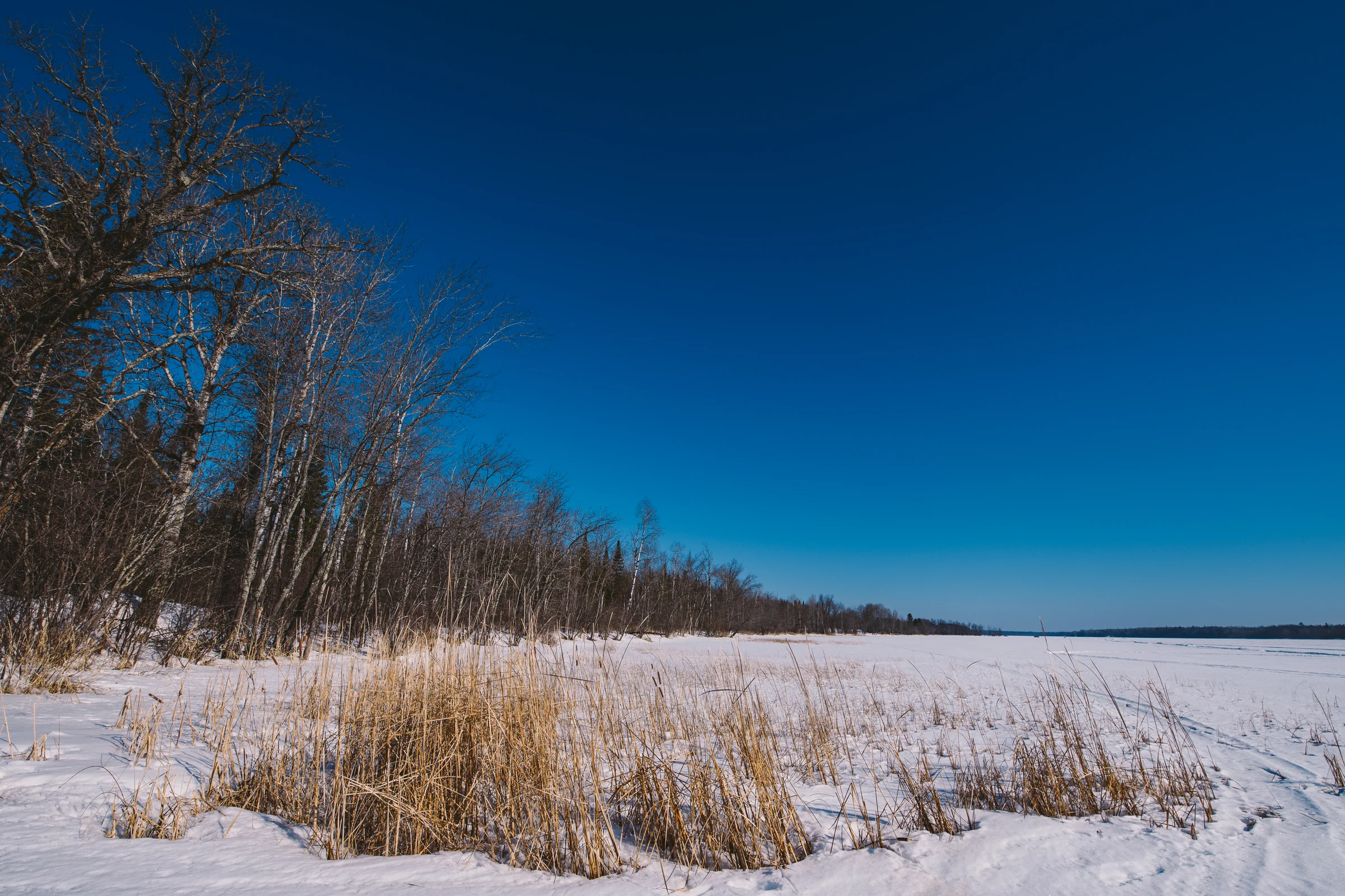 Frozen Lawrence Lake near Bovey, Minnesota, covered in winter snow.