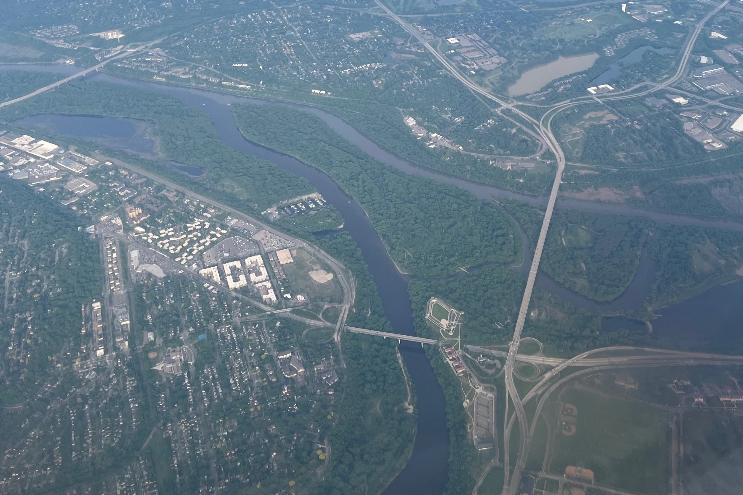 Aerial view of the Minnesota and Mississippi rivers meeting near Saint Paul in 2025.