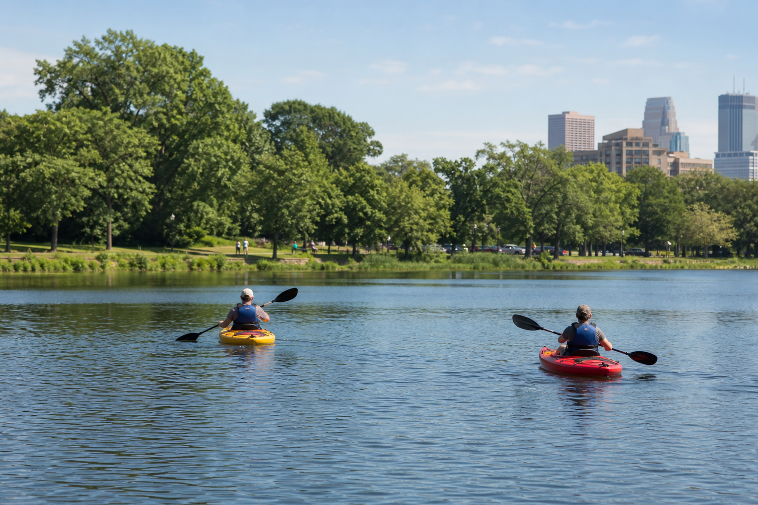 Illustrative paddlers wearing life jackets on a leafy urban Metro Minnesota lake.