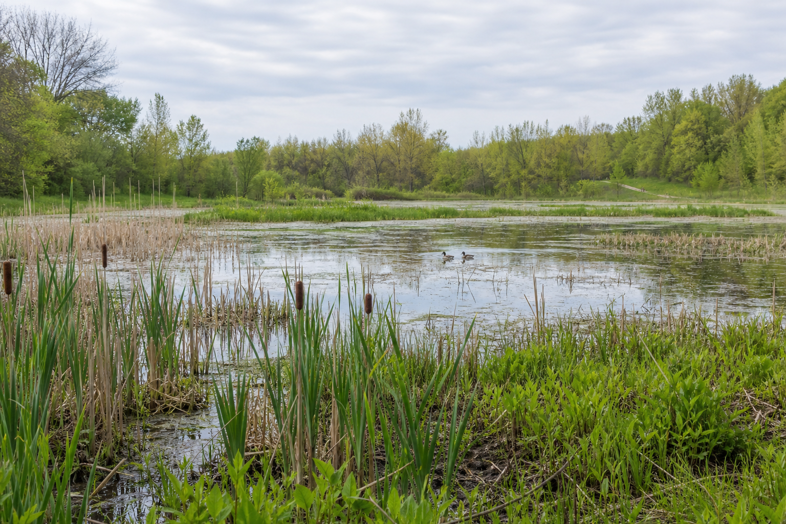 Illustrative spring wetland with cattails, sedges, open water and distant woodland.