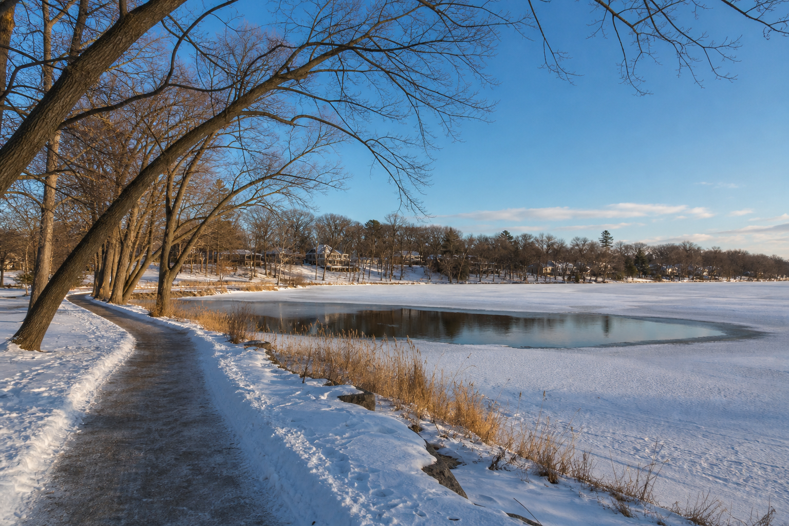 Illustrative snowy urban lakeshore path beside visible open water and uneven ice.