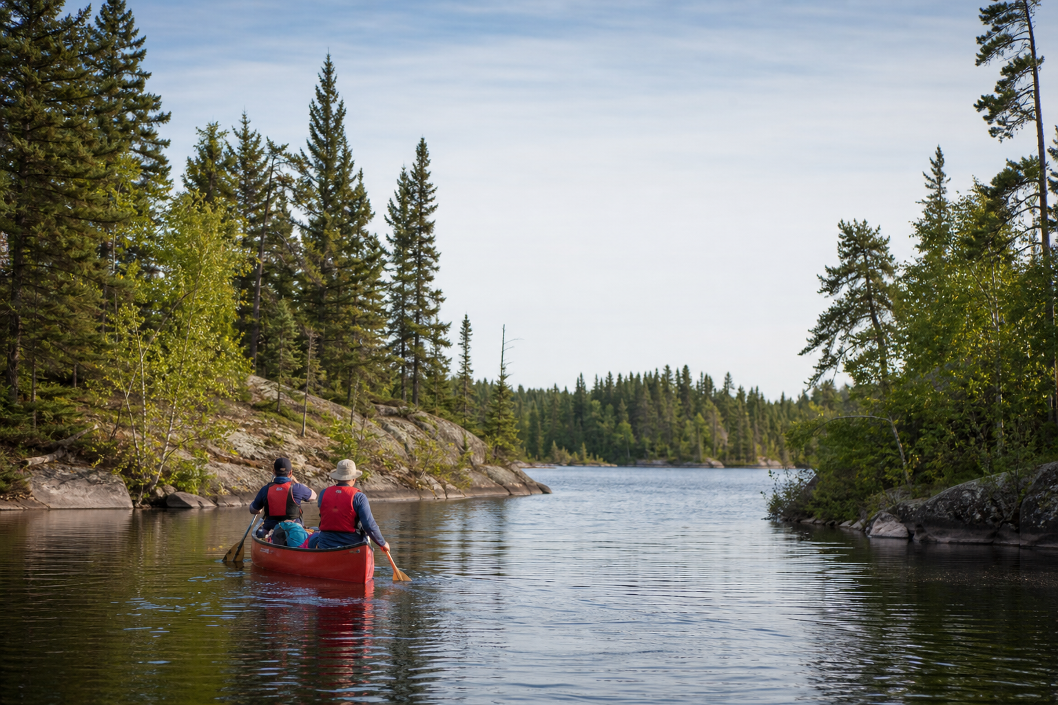 Illustrative paddlers wearing life jackets on a rocky boreal lake.