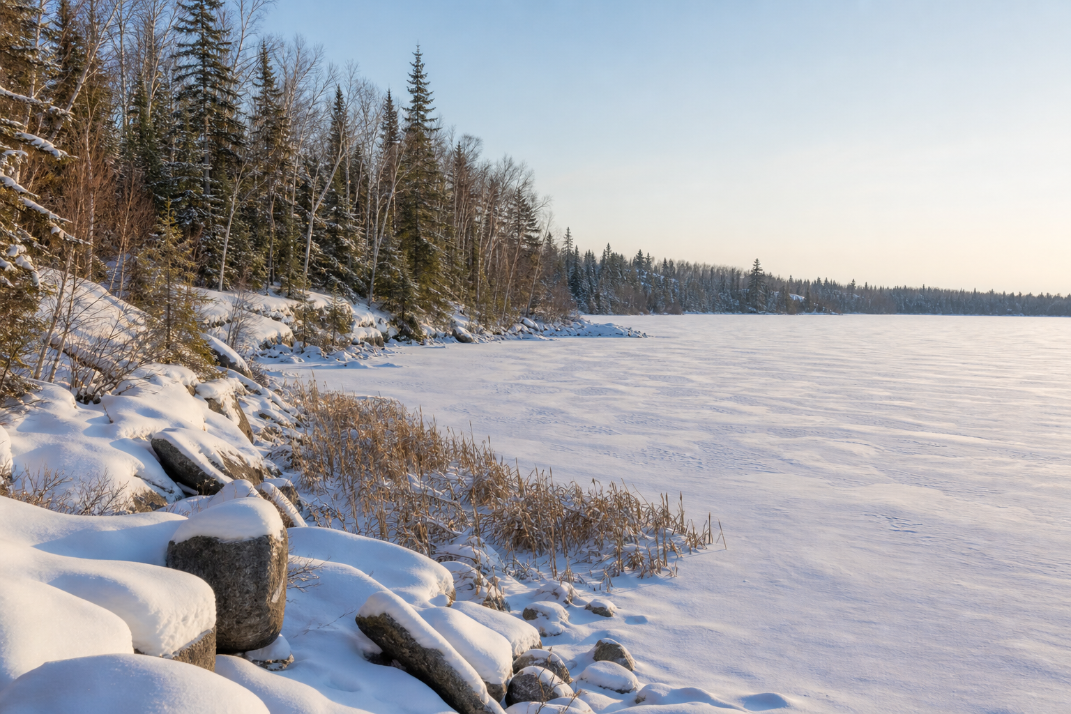 Illustrative snowy boreal shoreline beside a frozen Northeast Minnesota lake.