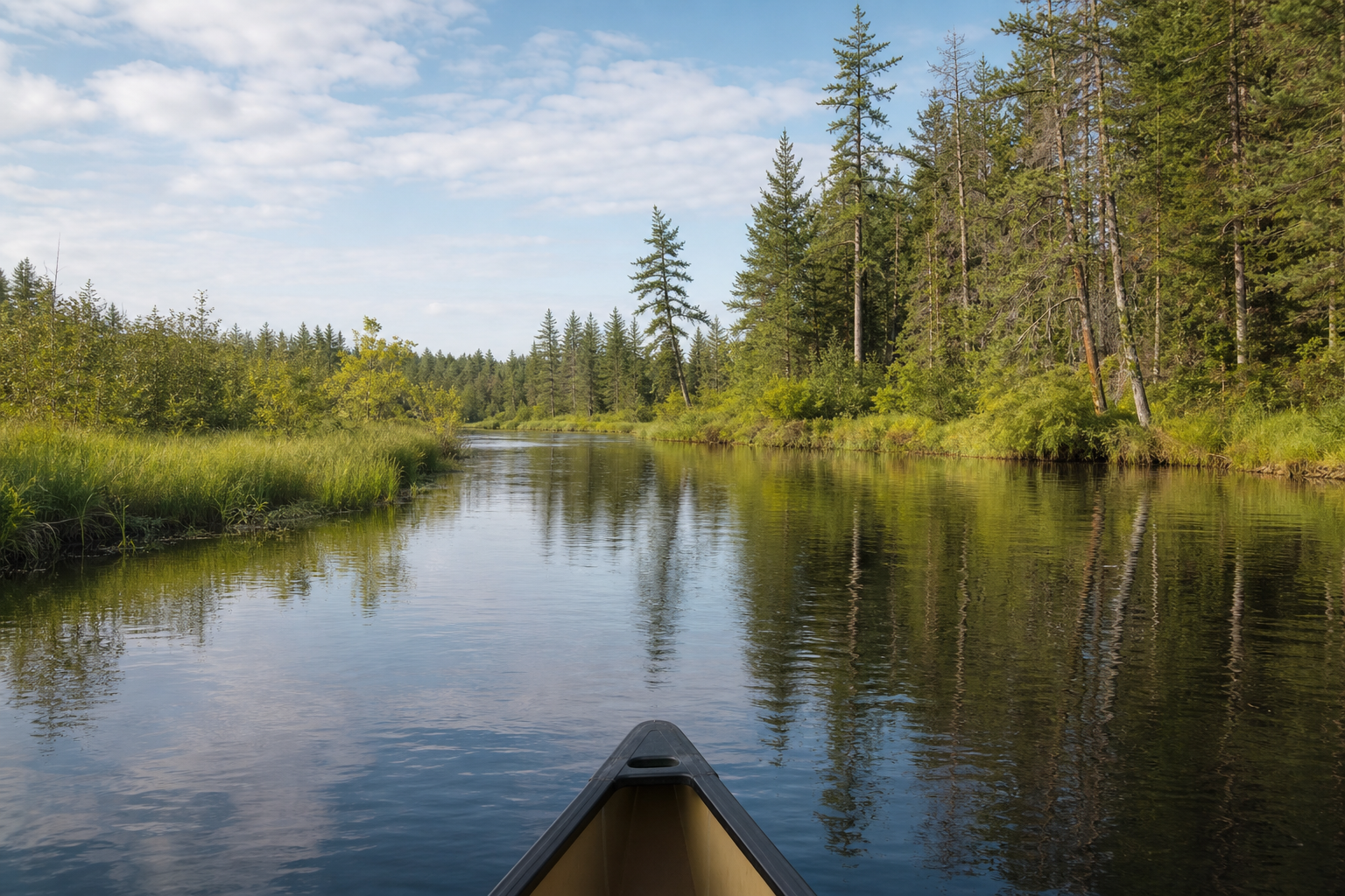 Illustrative canoe-height view along a calm Northwest Minnesota river corridor.