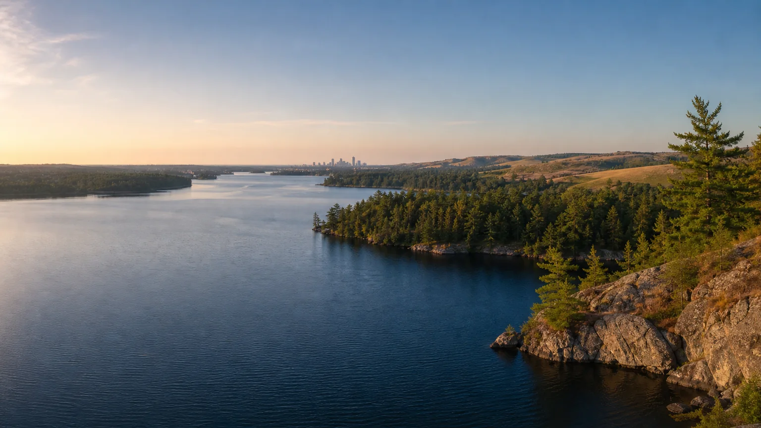 Illustrative panorama blending Minnesota lake, forest, prairie, and distant city landscapes.