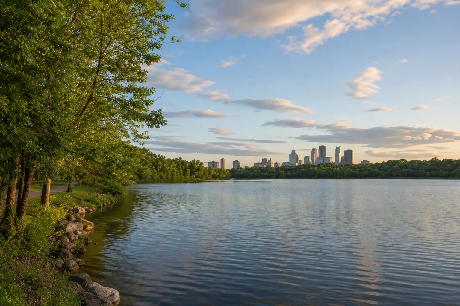 Illustrative Metro Minnesota lake with park shoreline, trail, and distant skyline.