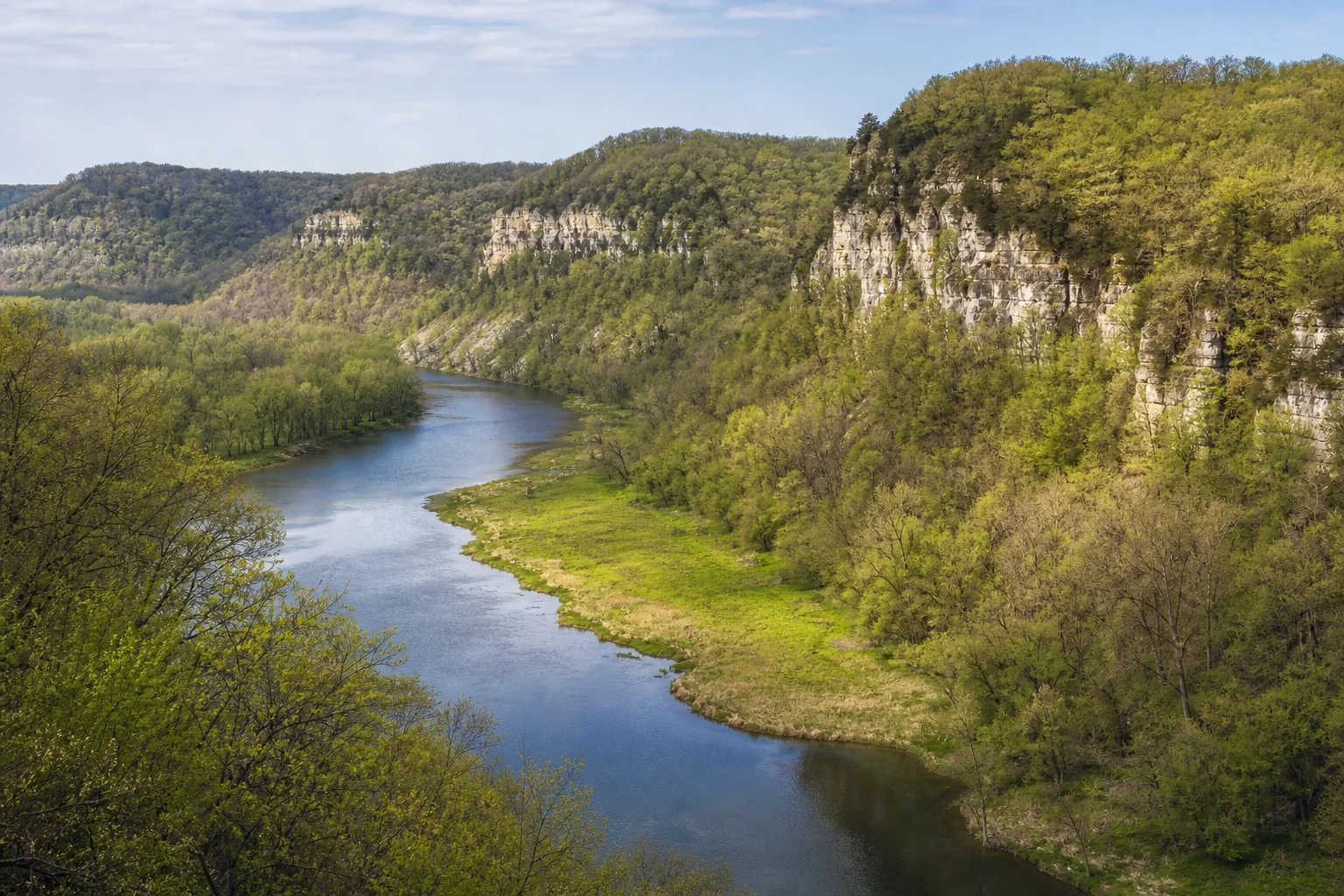 Illustrative southeast Minnesota river curving below wooded limestone bluffs.