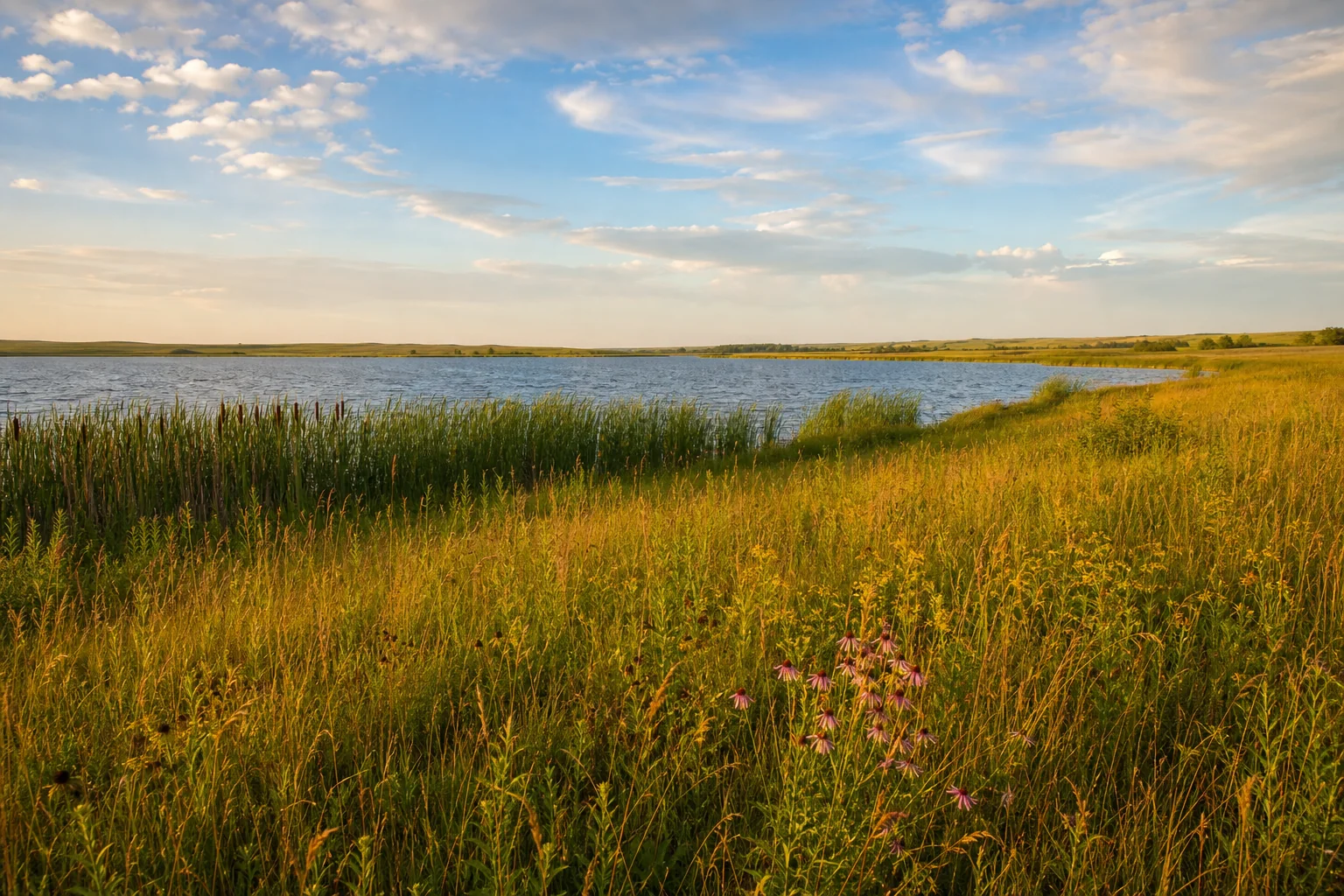 Illustrative southwest Minnesota prairie lake edged by reeds and tallgrass.