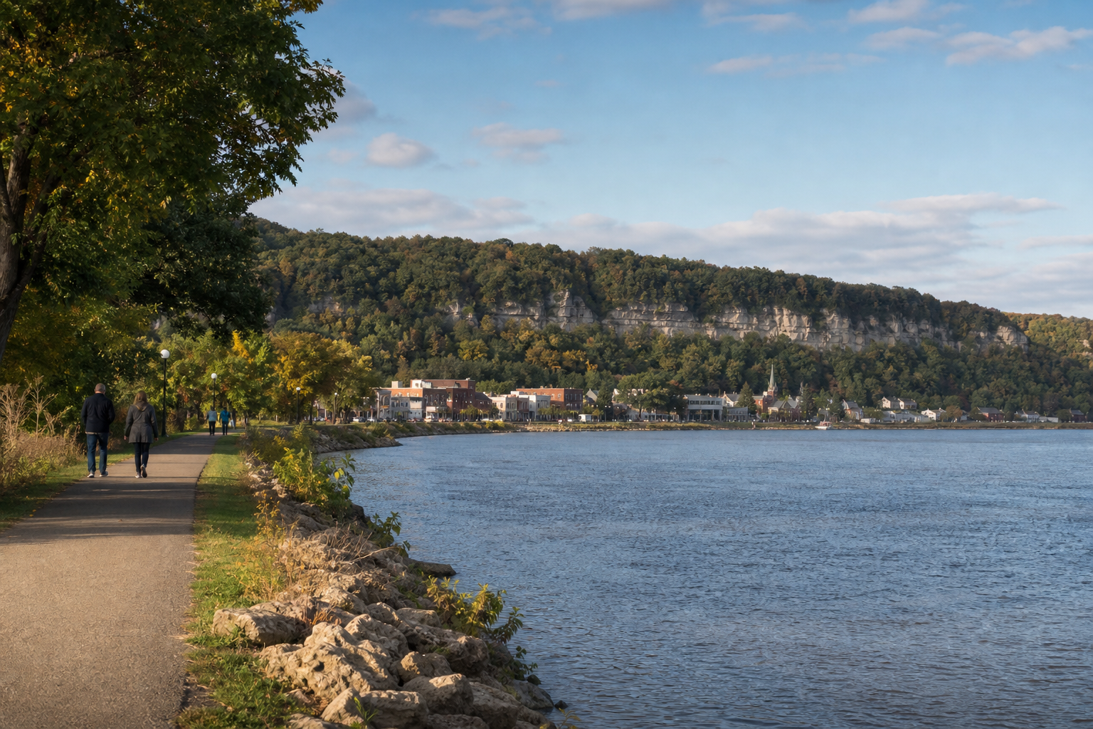 Illustrative public riverfront path facing a small community beneath wooded limestone bluffs.