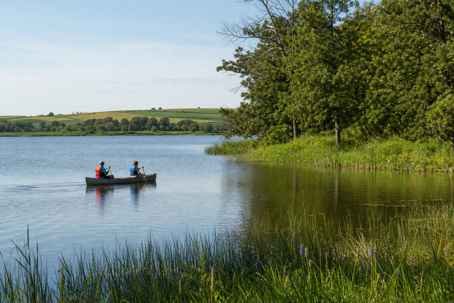 Illustrative paddlers wearing life jackets on a Southeast Minnesota lake edged by hardwoods and wetlands.
