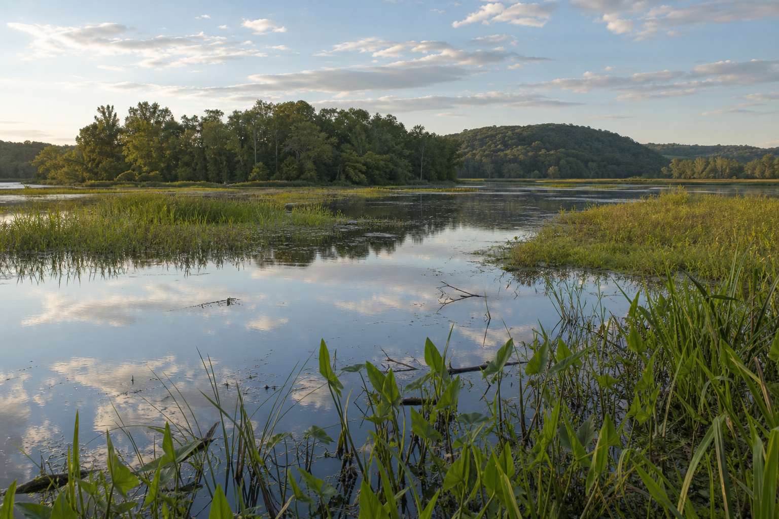 Illustrative spring wetland with cattails, sedges, open water and distant woodland.