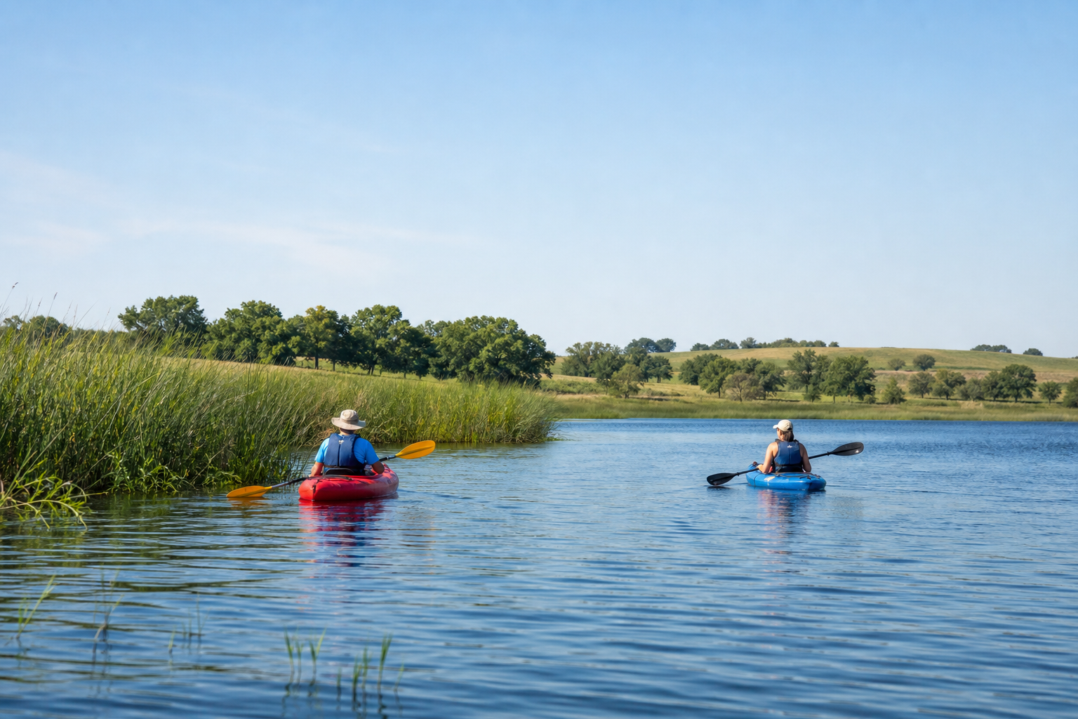 Illustrative paddlers wearing life jackets on a Southwest Minnesota prairie lake.