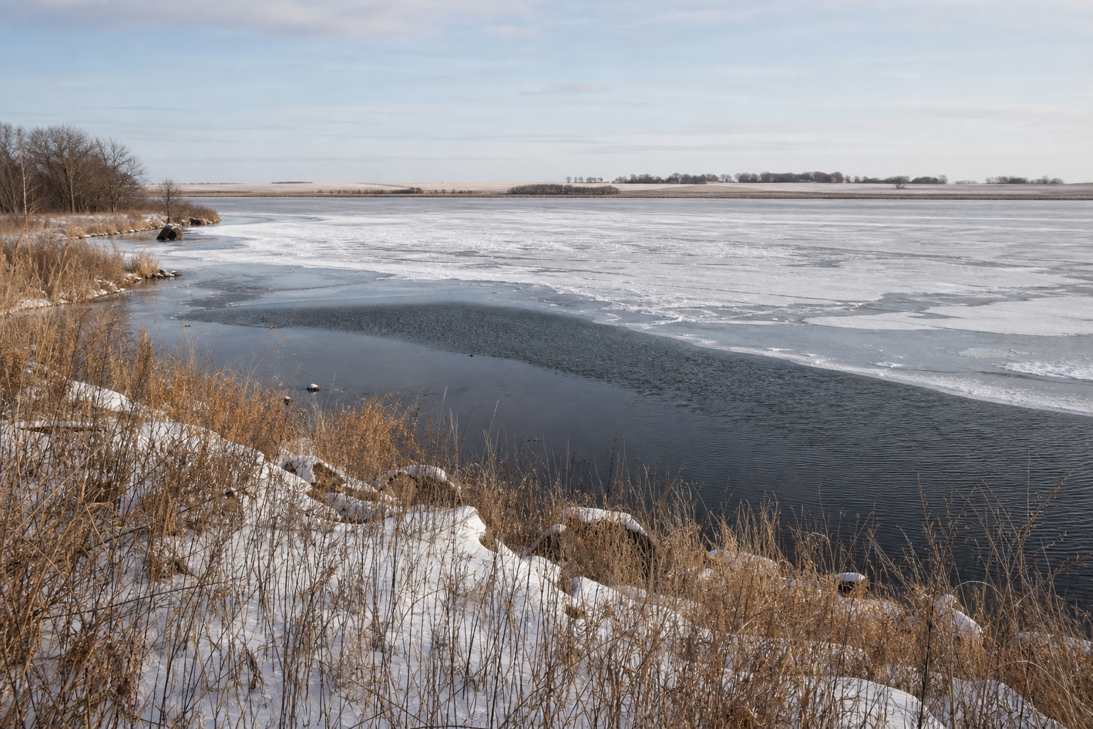 Illustrative snowy prairie lakeshore beside visible open water and uneven ice.